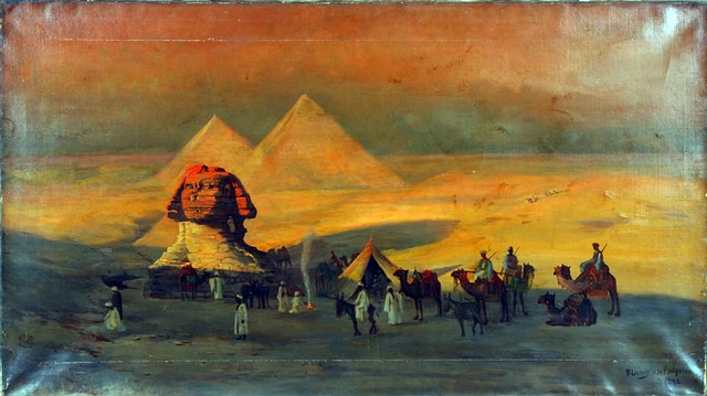 Appraisal: Sphinx with figures on camels oil on canvas x SLR