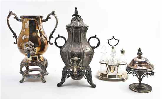 Appraisal: A Collection of Silverplate Articles comprising three kettles on stands