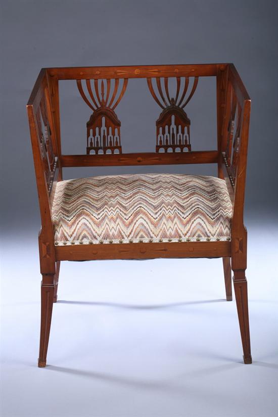 Appraisal: CONTINENTAL NEOCLASSICAL STYLE INLAID FRUITWOOD ARM CHAIR th century with