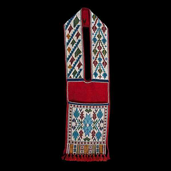 Appraisal: Menominee Beaded Wool Bandolier Bag thread-sewn on red and blue