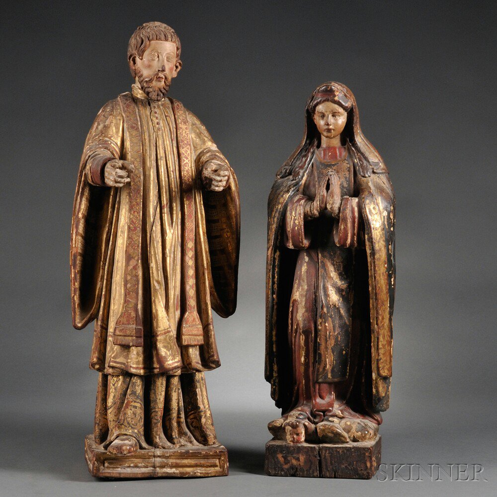 Appraisal: Two Continental Carved Wood and Gesso Ecclesiastic Figures th th