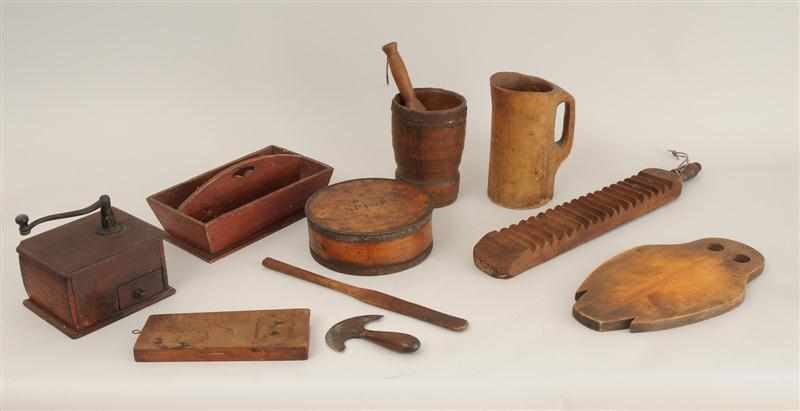 Appraisal: ELEVEN WOOD KITCHEN UTENSILS Comprising a metal-banded circular spice box