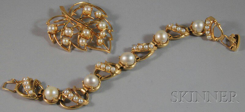 Appraisal: kt Gold and Cultured Pearl Bracelet and Pin dwt Estimate