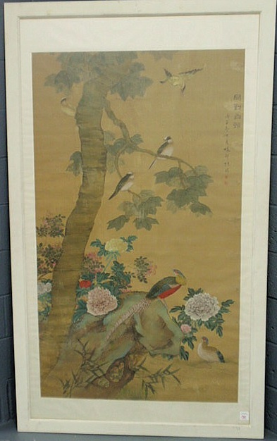 Appraisal: Framed Japanese silkwork panel with ornithological motif x