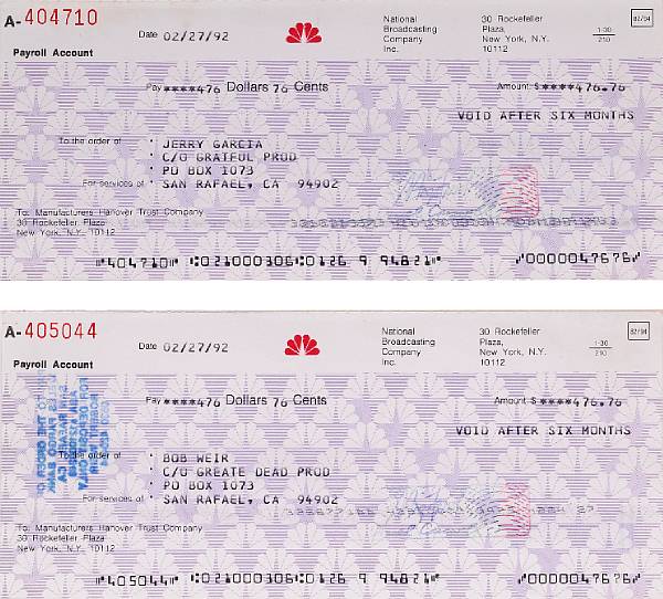 Appraisal: A Jerry Garcia and Bob Weir set of checks from