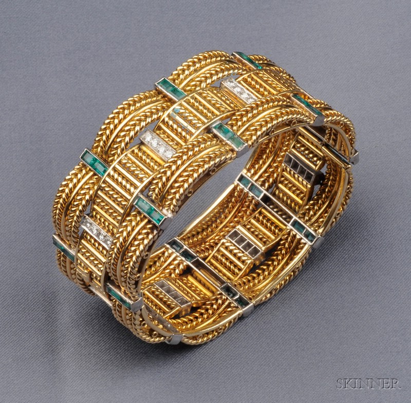 Appraisal: kt Gold Diamond and Emerald Bracelet the hinged bangle in