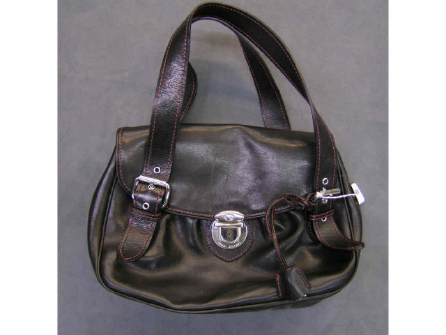 Appraisal: Black leather Marc Jacobs handbag with fuschia stitching latch flap