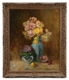 Appraisal: After Cauchois Chrysanthemums Signed Oil After Eugene Henri Cauchois French