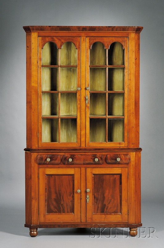 Appraisal: Classical Cherry and Mahogany Veneer Glazed Corner Cupboard possibly New