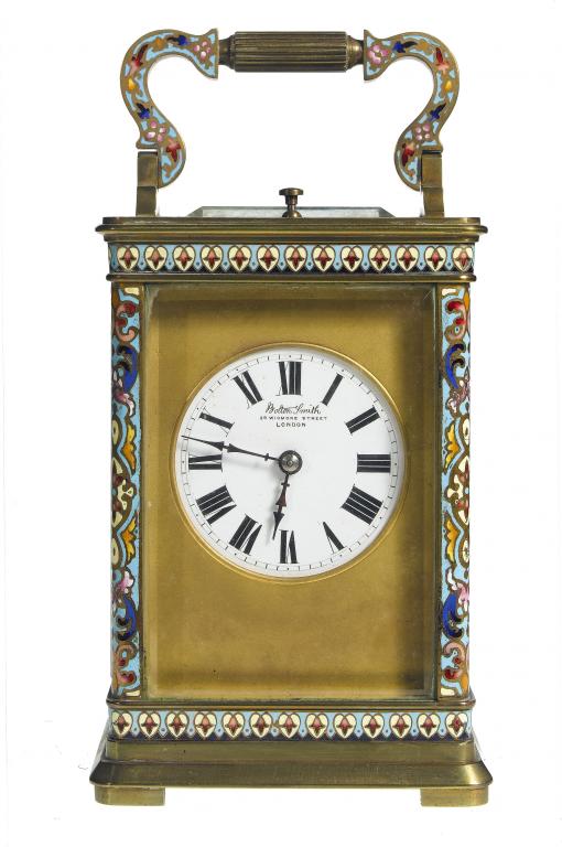 Appraisal: A FRENCH GILT BRASS AND CHAMPLEVE ENAMEL CARRIAGE CLOCK the