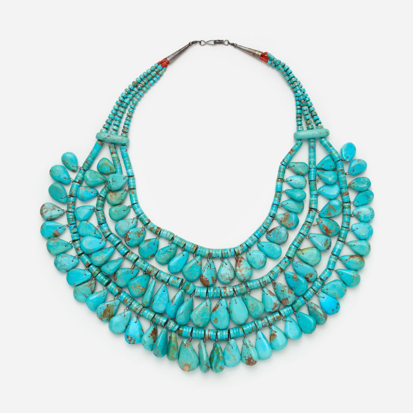 Appraisal: TURQUOISE HEISHI BEAD TEAR DROP BIB NECKLACE A three strand