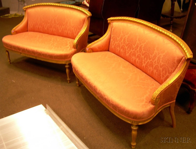 Appraisal: Pair of Louis XVI Style Giltwood and Silk Upholstered Diminutive