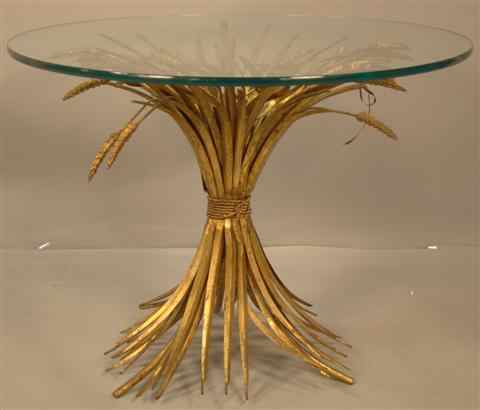 Appraisal: CONTINENTAL WHEAT SHEAF TABLE tole gilt with beveled glass top