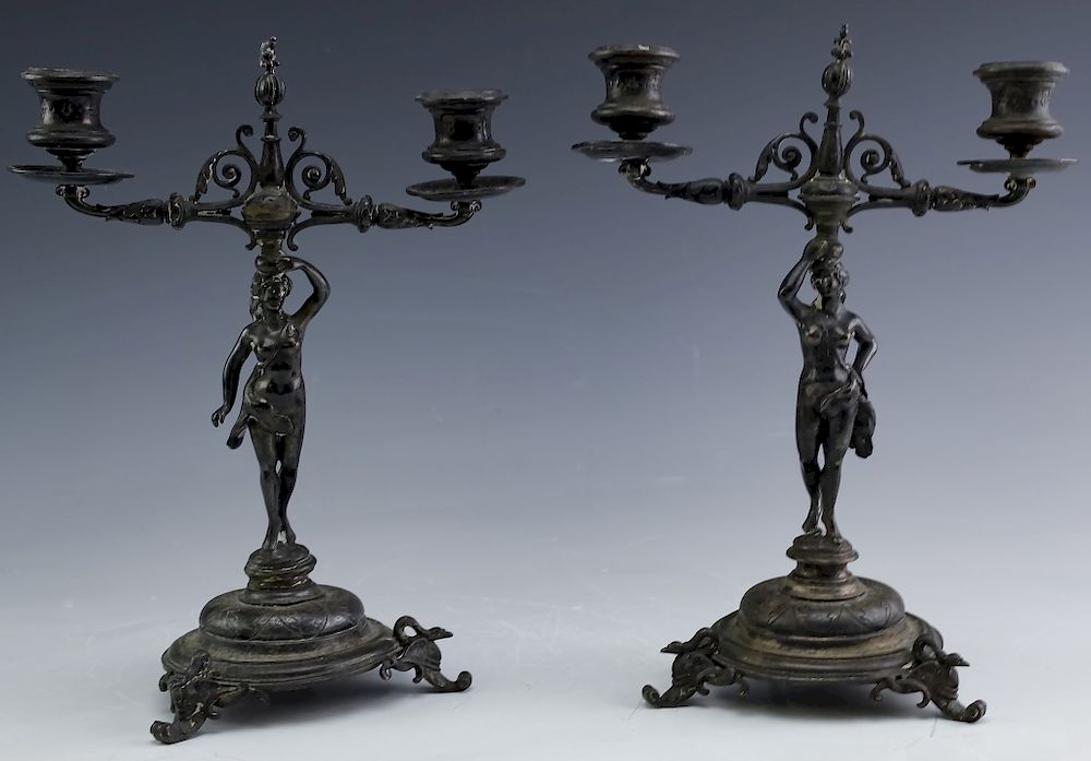 Appraisal: PAIR Austrian Female Nude Silver Candlesticks Antique pair of Austrian