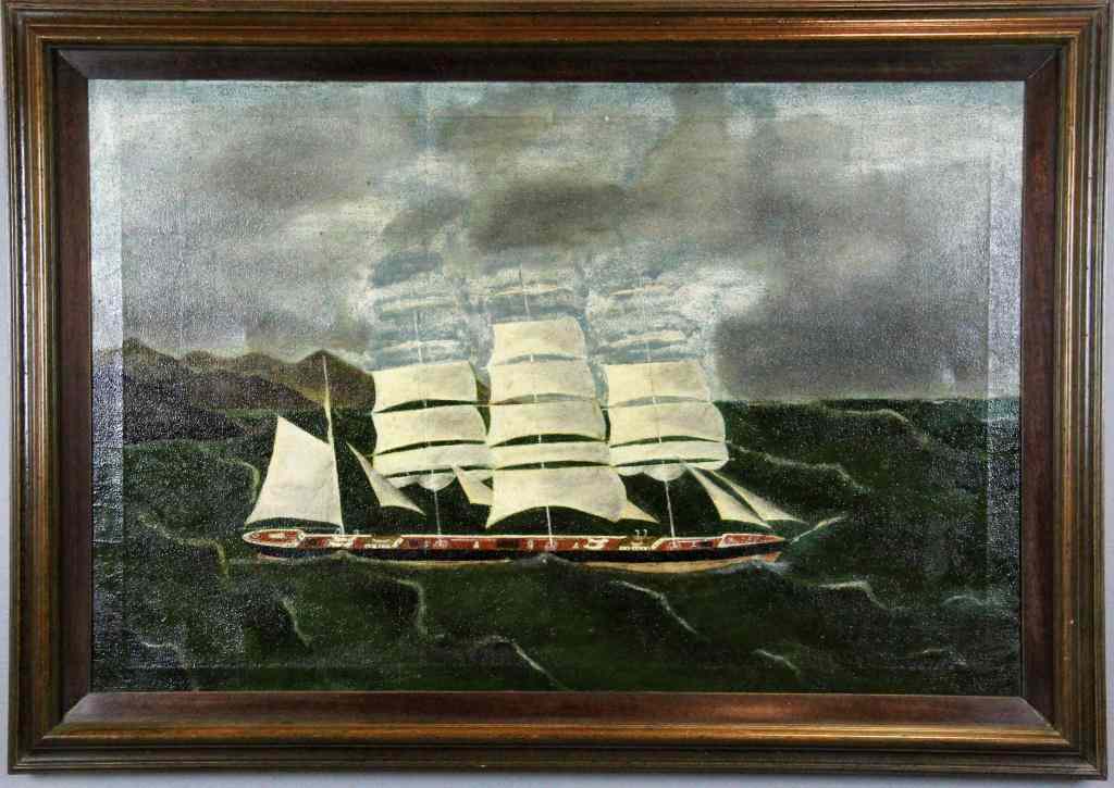 Appraisal: American School Primitive Painting On CanvasDepicting a clipper ship with