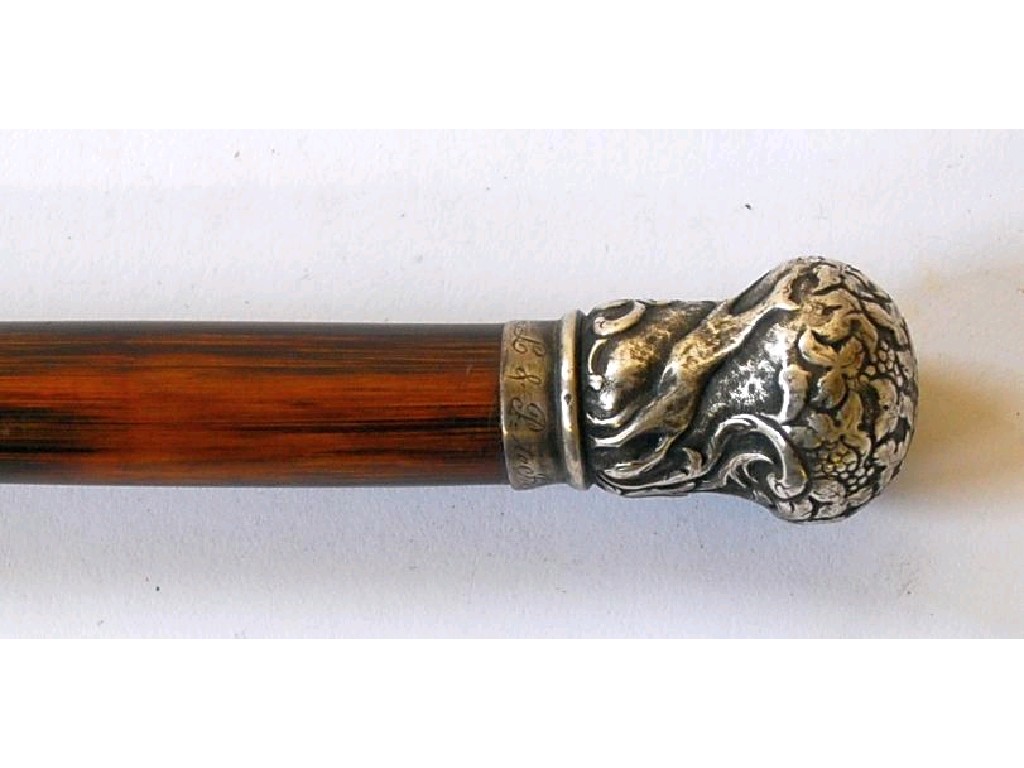 Appraisal: VICTORIAN WALKING CANE with silver pommel repousse with fox climbing