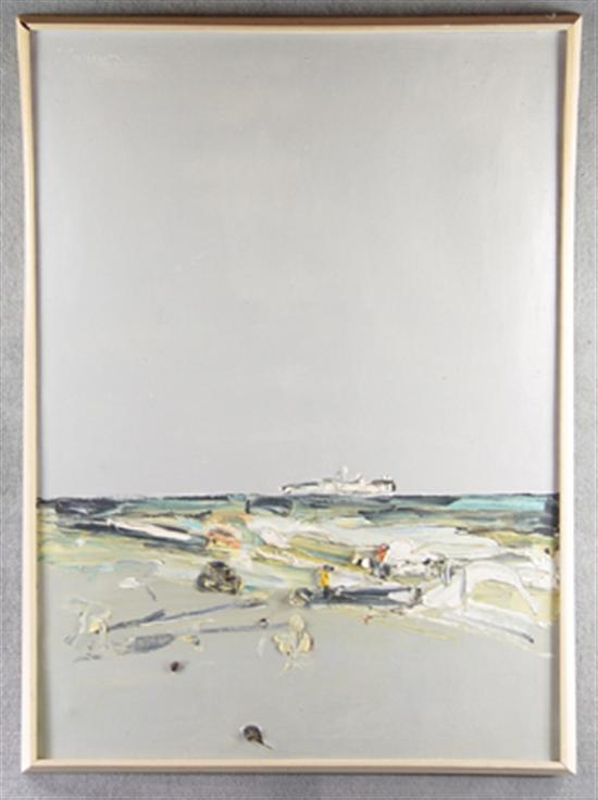 Appraisal: Ted Turner American - Abstract seascape with beachcomers and ship