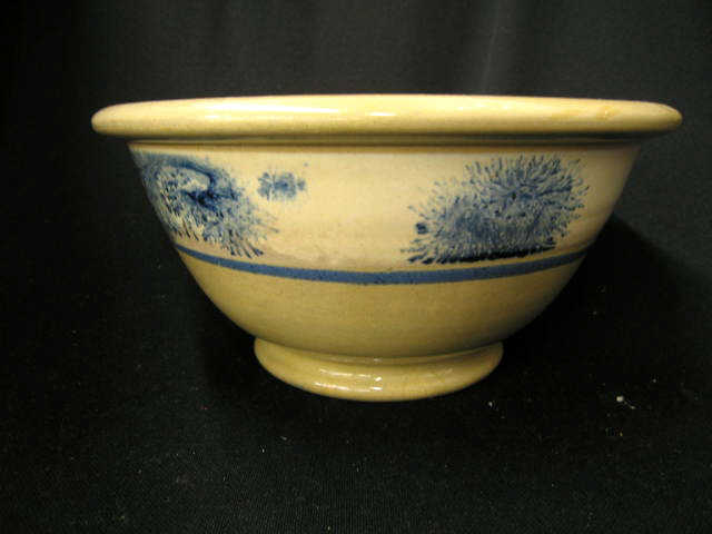 Appraisal: Early Decorated Mocha or Yelloware Pottery Bowl blue spatter decor