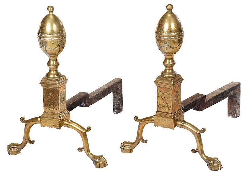 Appraisal: Pair American Federal Engraved Andirons possibly New York - each