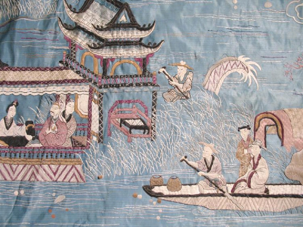 Appraisal: A CHINESE SILKWORK HANGING worked with figures in a boat