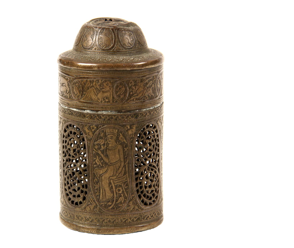 Appraisal: EARLY PERSIAN BRASS BOX - Cylindrical Sachet Cricket Box with