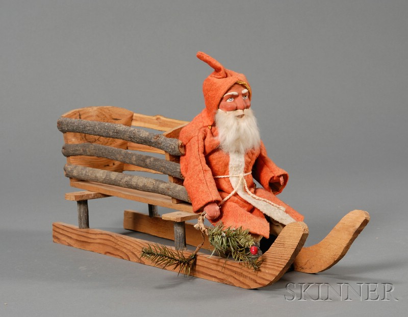 Appraisal: Composition Santa Figure and Wooden Sleigh Germany early to mid-