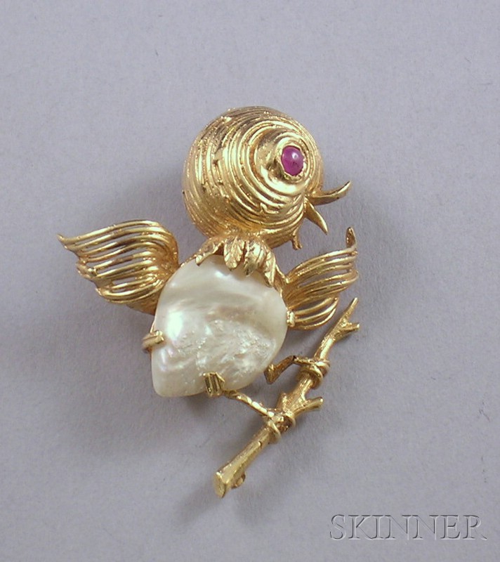 Appraisal: kt Gold Natural Pearl and Pink Gemstone Bird Brooch pearl