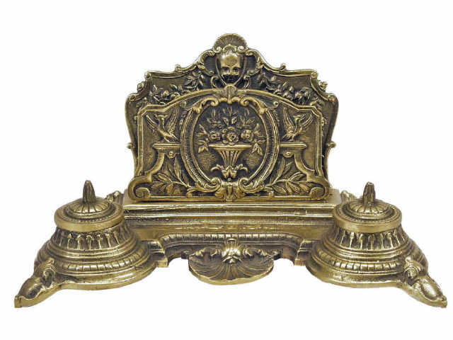 Appraisal: Superb brass desk top inkstand and letter holder with double