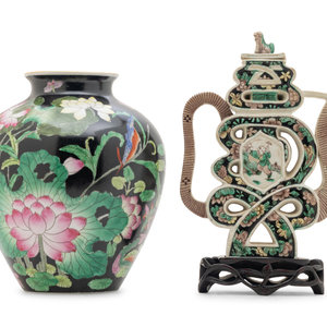 Appraisal: Two Chinese Black Ground Famille Rose Porcelain Articles the first