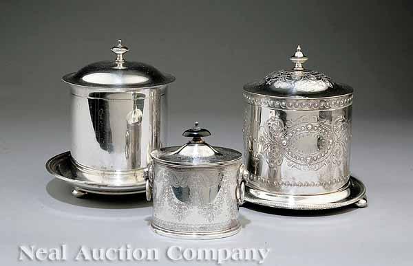 Appraisal: Three English Victorian Silverplate Biscuit Boxes one on bun feet