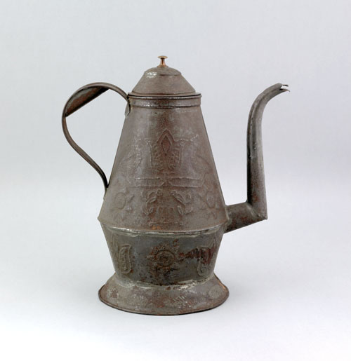 Appraisal: Pennsylvania tin wrigglework coffee pot th c each side decorated