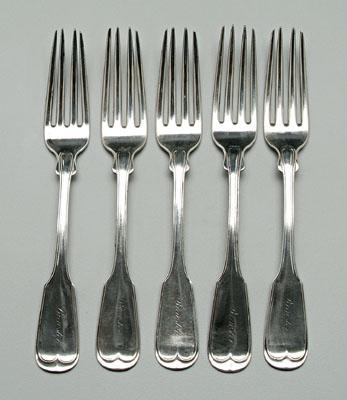 Appraisal: Five Charleston silver forks fiddle and thread handles marked quot