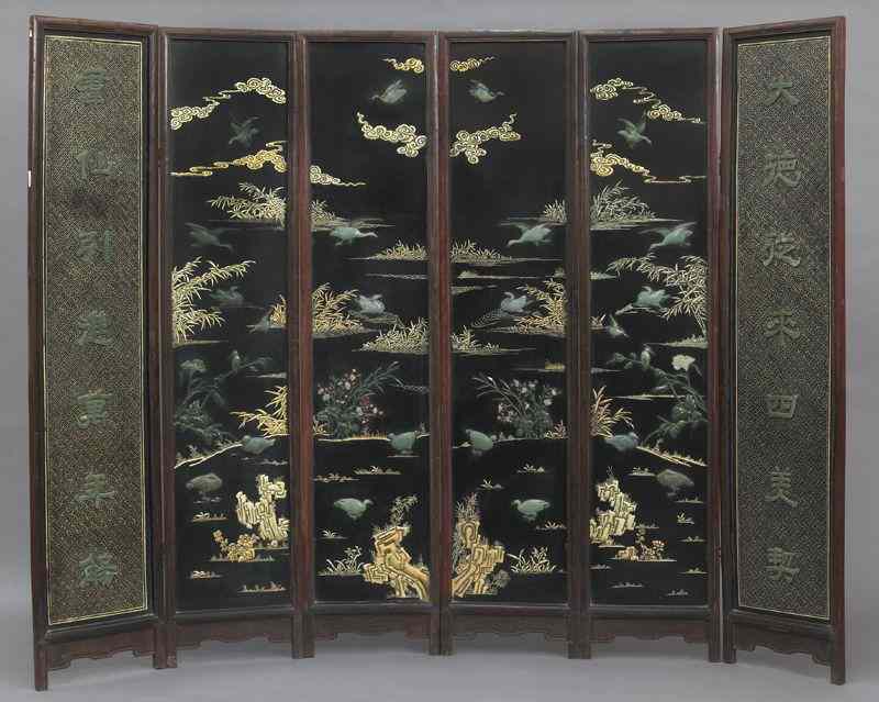 Appraisal: Chinese jade mounted six panel screen depicting wild geese with