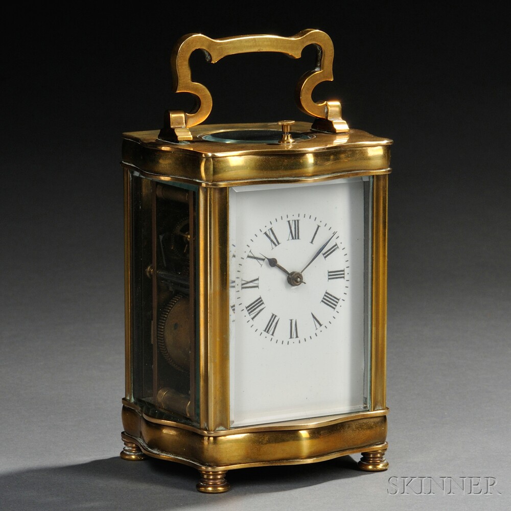 Appraisal: Serpentine Case Carriage Clock France brass and beveled glass case