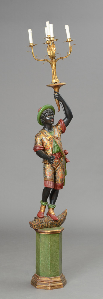 Appraisal: ITALIAN PAINTED AND GILT-METAL FIVE-LIGHT BLACKAMOOR TORCH RE The figure