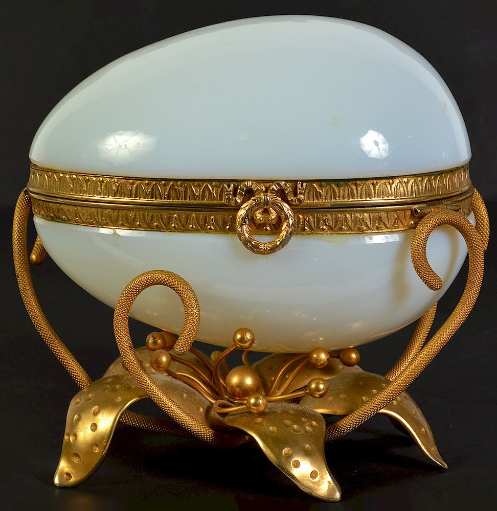 Appraisal: White Opaline Egg on Dore Bronze Base White opaline egg