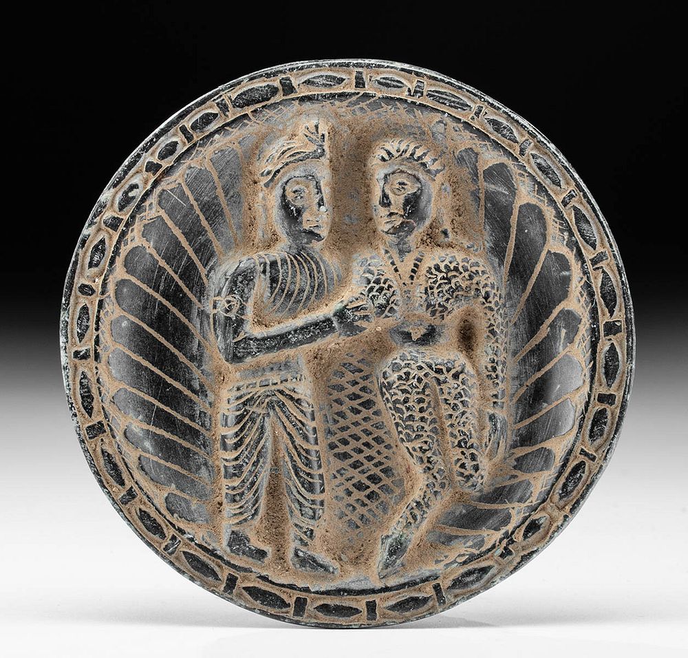 Appraisal: Gandharan Stone Cosmetic Dish w Figures in Relief Central Asia