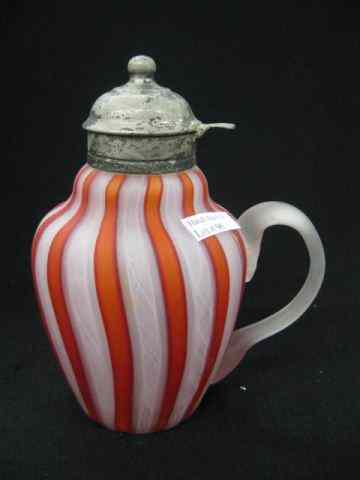 Appraisal: Victorian Satin Art Glass Syrup Pitcher red ribbon white latticina