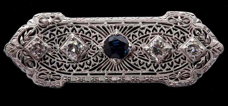 Appraisal: Art Deco Platinum Diamond and Sapphire Broochof traditional design of