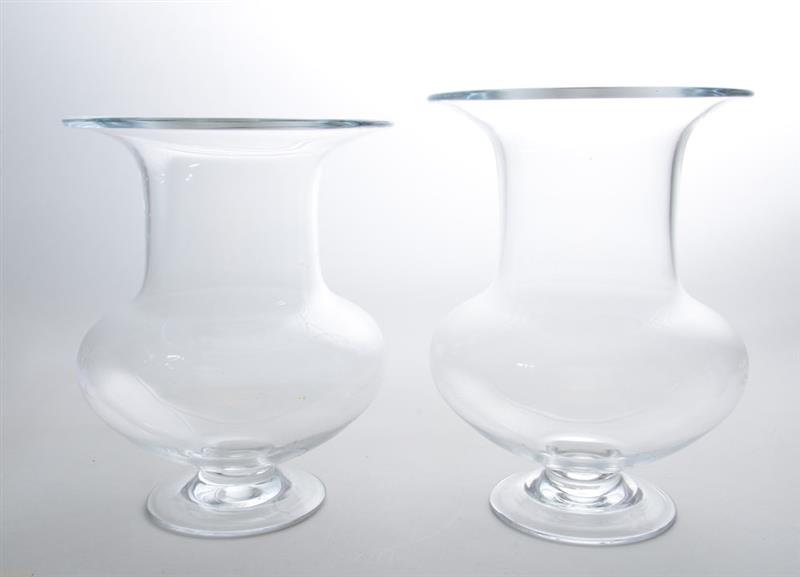 Appraisal: CLEAR GLASS CAMPANI-FORM VASE AND TWO GLASS GRADUATED FOOTED VASES