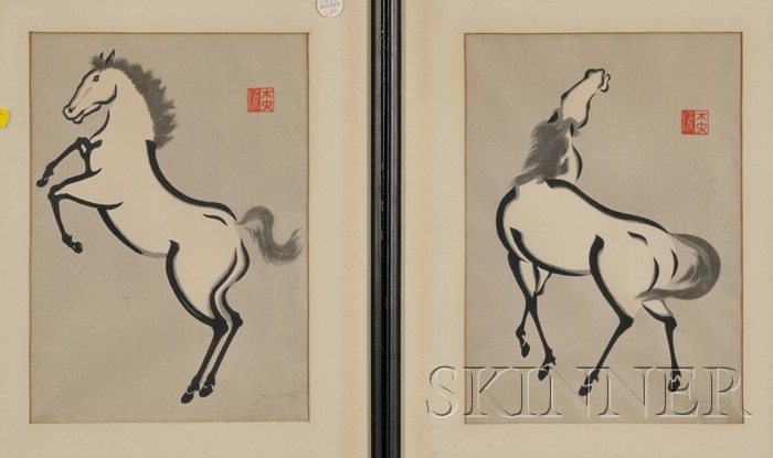 Appraisal: Two Japanese Woodblock Prints Horses sumizuri prints signed and with