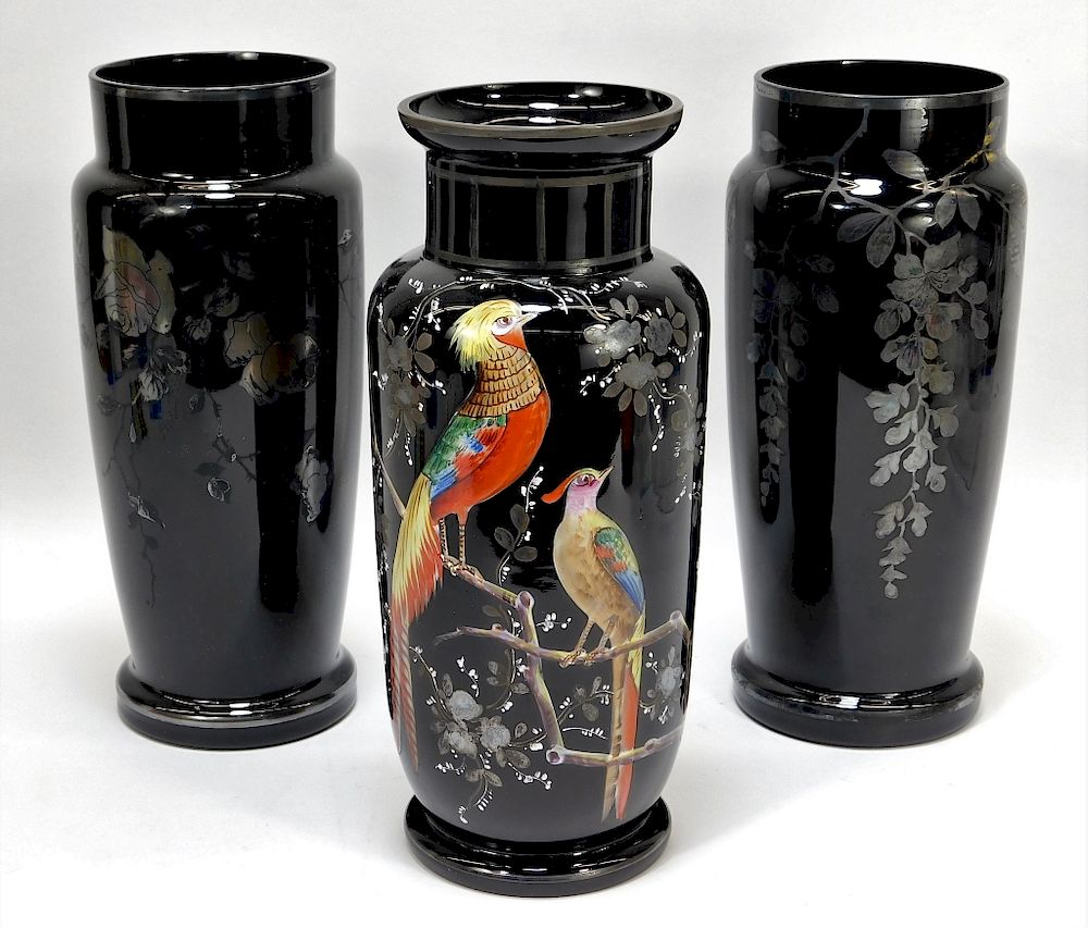 Appraisal: Black Enameled Bohemian Art Glass Vases Bohemia th Century Lot