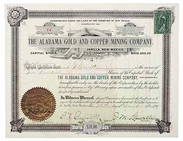 Appraisal: Pat Garrett Signed Gold and Copper Mining Stock Certificate Stock