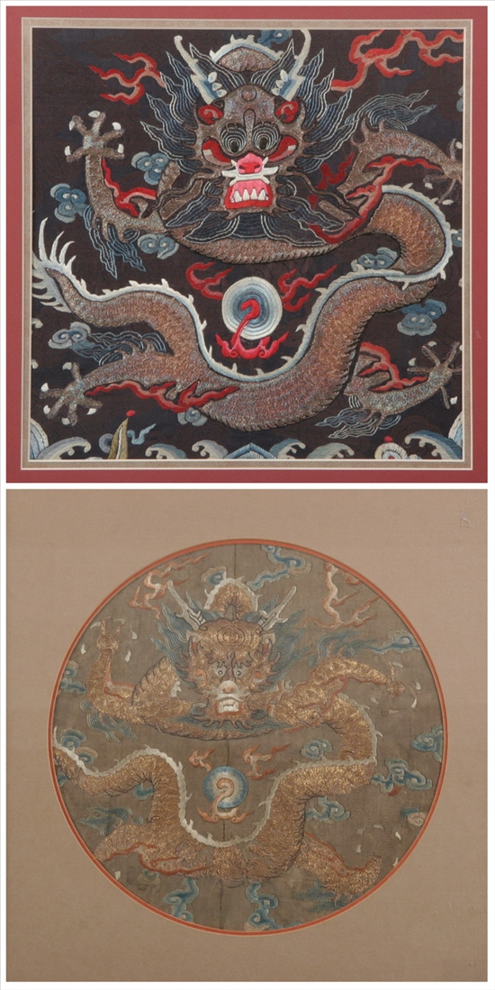 Appraisal: TWO CHINESE SILK EMBROIDERED PANELS OF DRAGONS Framed - in