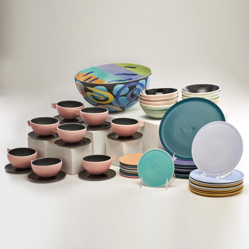 Appraisal: PHILLIP MABERRY Forty-nine-piece dinnerware service for eight in multicolored glazes