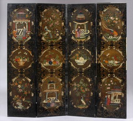 Appraisal: DUTCH PAINTED AND STAMPED LEATHER FOUR-FOLD SCREEN The front with