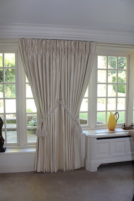 Appraisal: FIVE PAIRS OF CREAM SILK INTERLINED CURTAINS all approximately cm