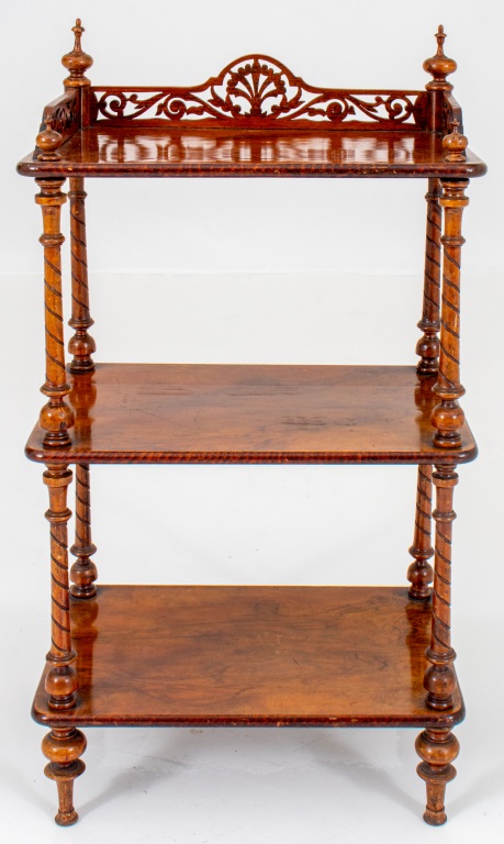 Appraisal: VICTORIAN WALNUT BOOKCASE ETAGERE Victorian walnut bookcase etagere with three-sided