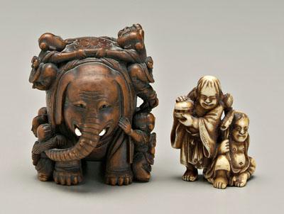 Appraisal: Two Japanese carvings ivory netsuke of two lohans one standing