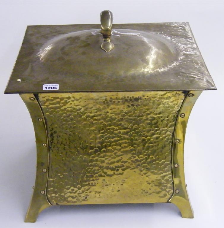 Appraisal: Arts Crafts planished square brass coal scuttle box of waisted